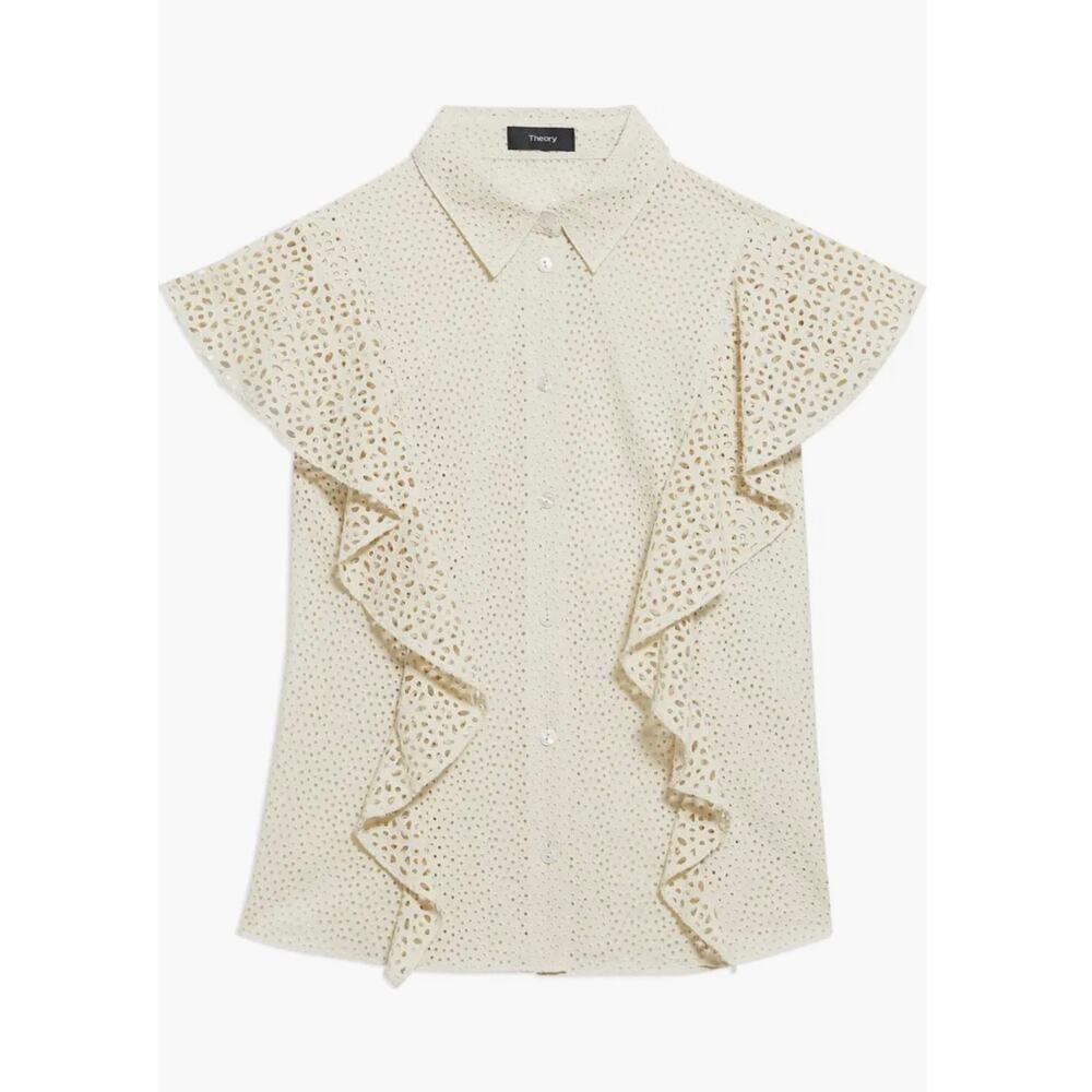 Theory Cream Eyelet Ruffle Button-Down Top